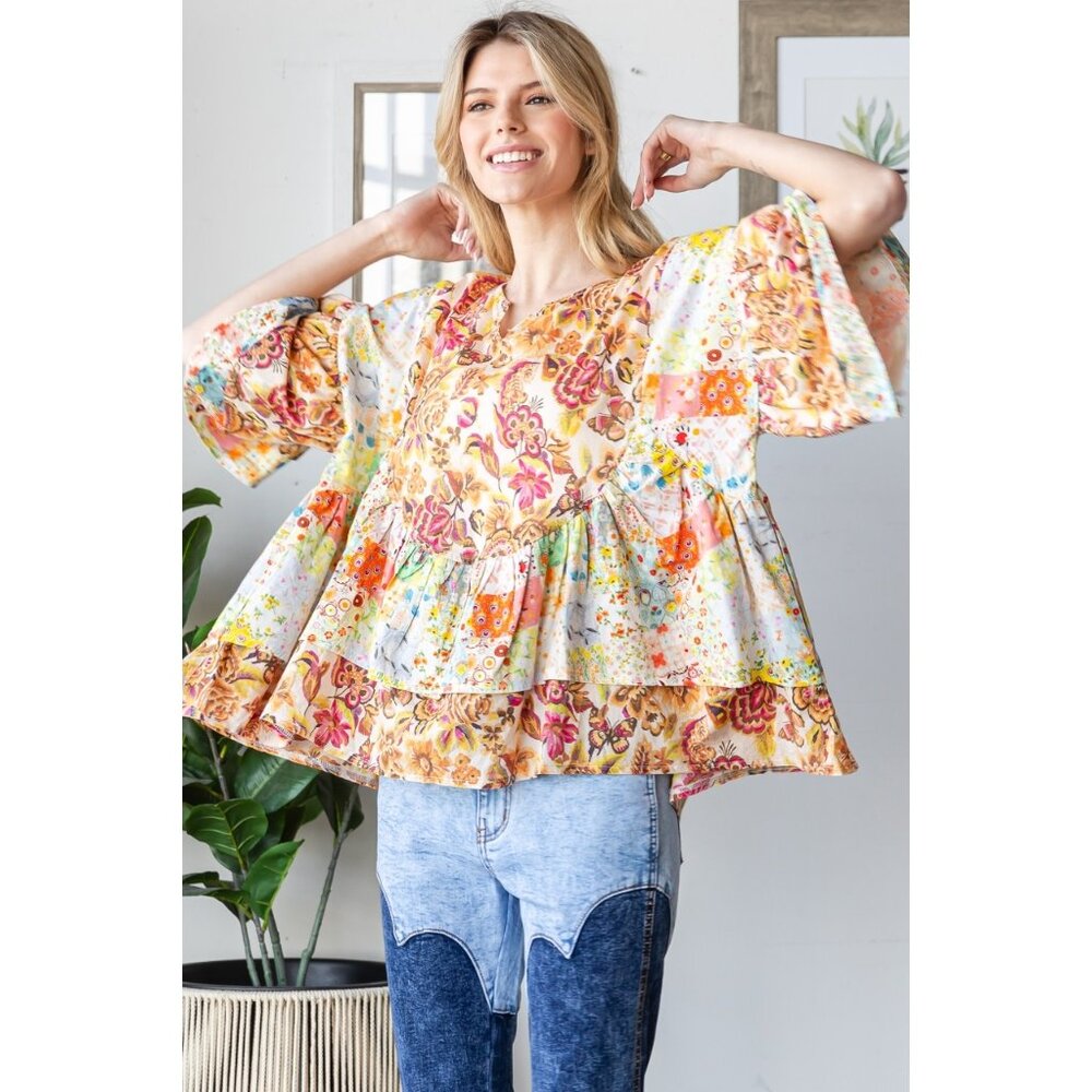 Oli & Hali Washed Multi Print Oversized Top HONEY